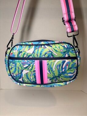 Tropical Leaf Crossbody Bag with Pink Stripe